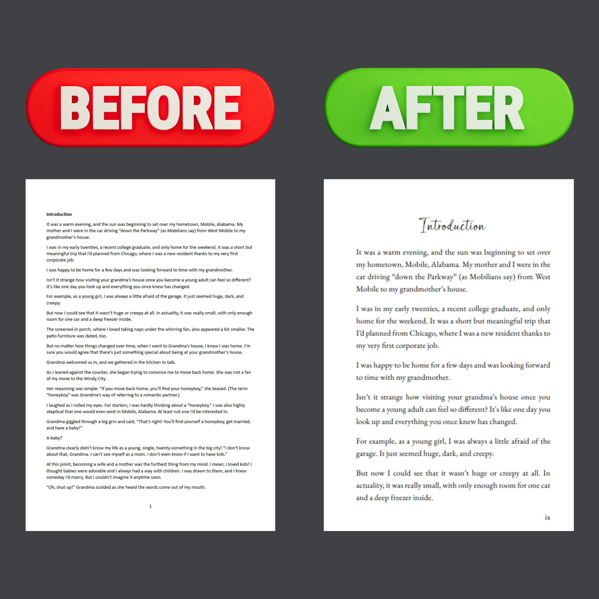 Comparison of two pages: the left page shows densely typed text in a document, and the right page shows the same text in a more spaced-out, formatted style. Above, there are large red and green buttons labeled 'BEFORE' and 'AFTER' respectively.