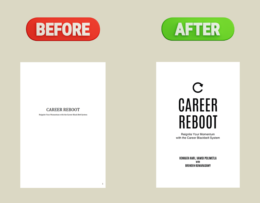 Comparison of two book covers titled "Career Reboot" with the words "Before" in a red button and "After" in a green button. The "Before" cover has plain text, while the "After" cover has a more stylized design with bold text, a circular arrow graphic, and additional author information.