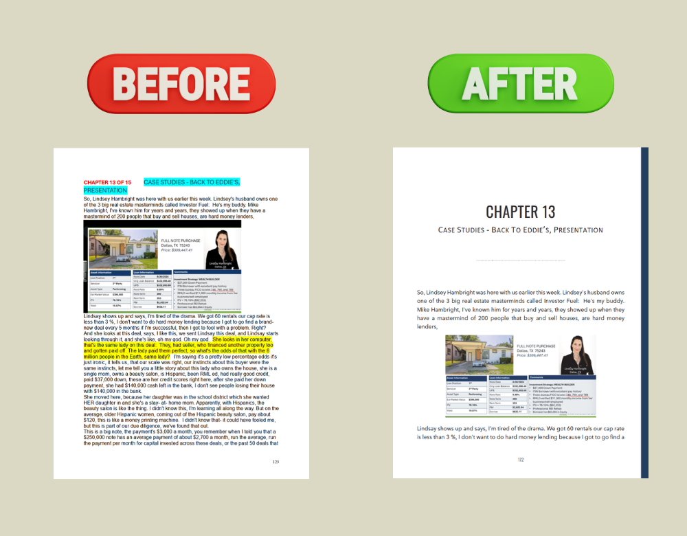 Comparison of two pages of a document, showing a "Before" and "After" edit. The "Before" page has a bordered red "BEFORE" label at the top, and the "After" page has a bordered green "AFTER" label. The document discusses case studies about real estate, including images of houses and a woman.