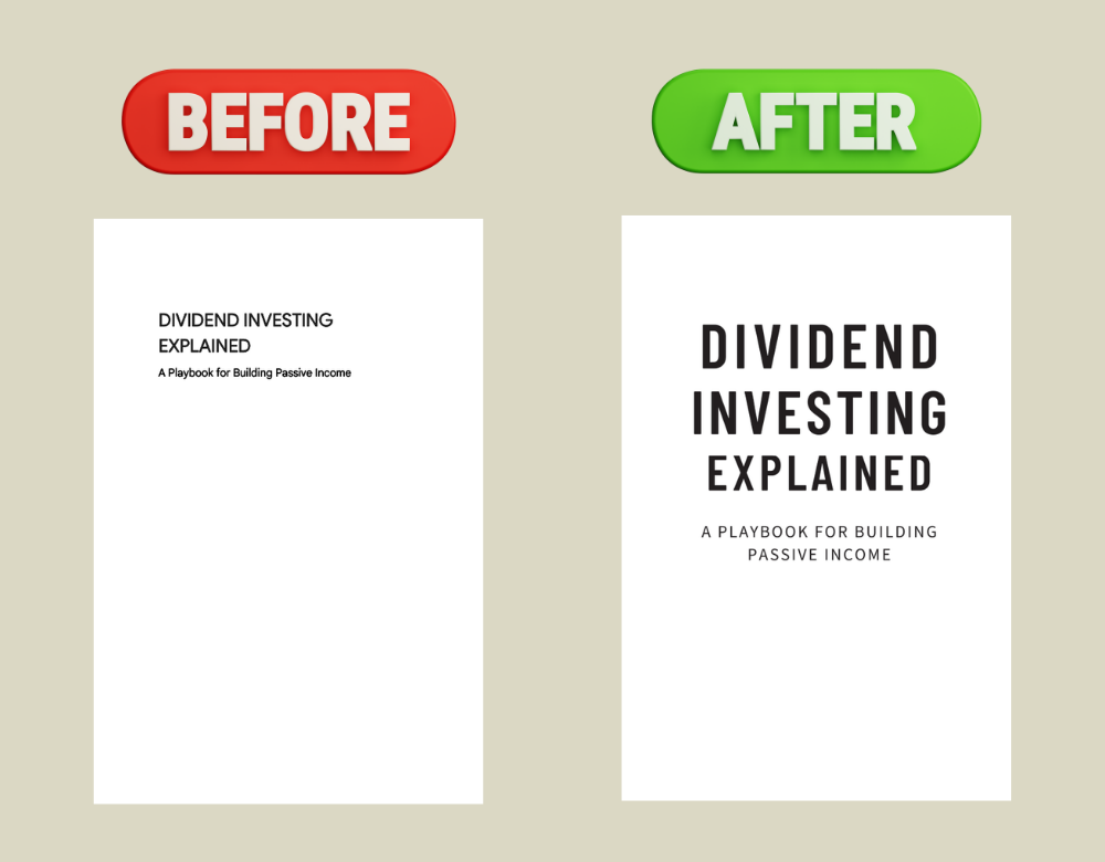 Comparison of two book covers titled "Dividend Investing Explaine". The "Before" cover is plain with small text, and the "After" cover has bold, large text and is more visually appealing.