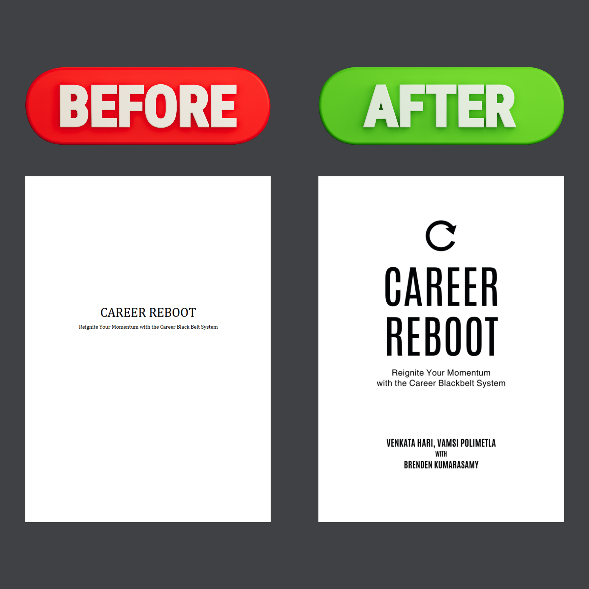 Comparison image showing a book cover before and after redesign, titled 'Career Reboot'. The before version has a simple white background with small black text, while the after version has a modern black and white design with larger bold text and additional authors' names.