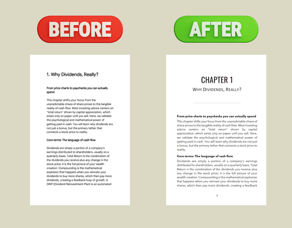 Comparison of two pages of a book or document, with a red "BEFORE" label on the left and a green "AFTER" label on the right, showing changes in the chapter title and layout.