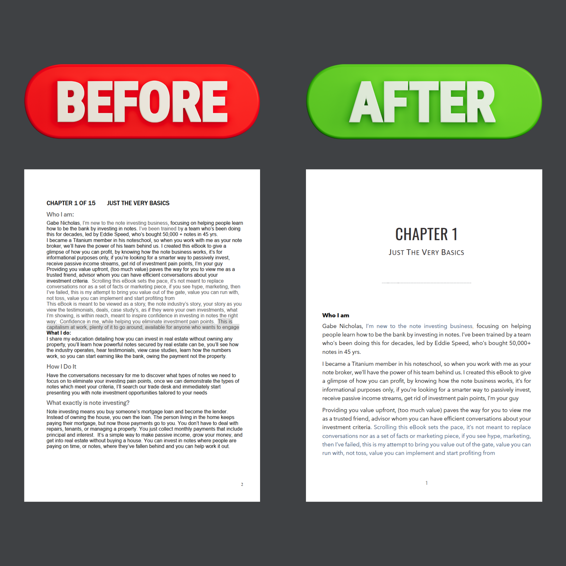 Comparison of two pages of a document, labeled 'Before' and 'After' at the top, with the pages displaying text for a chapter on basic investing principles.