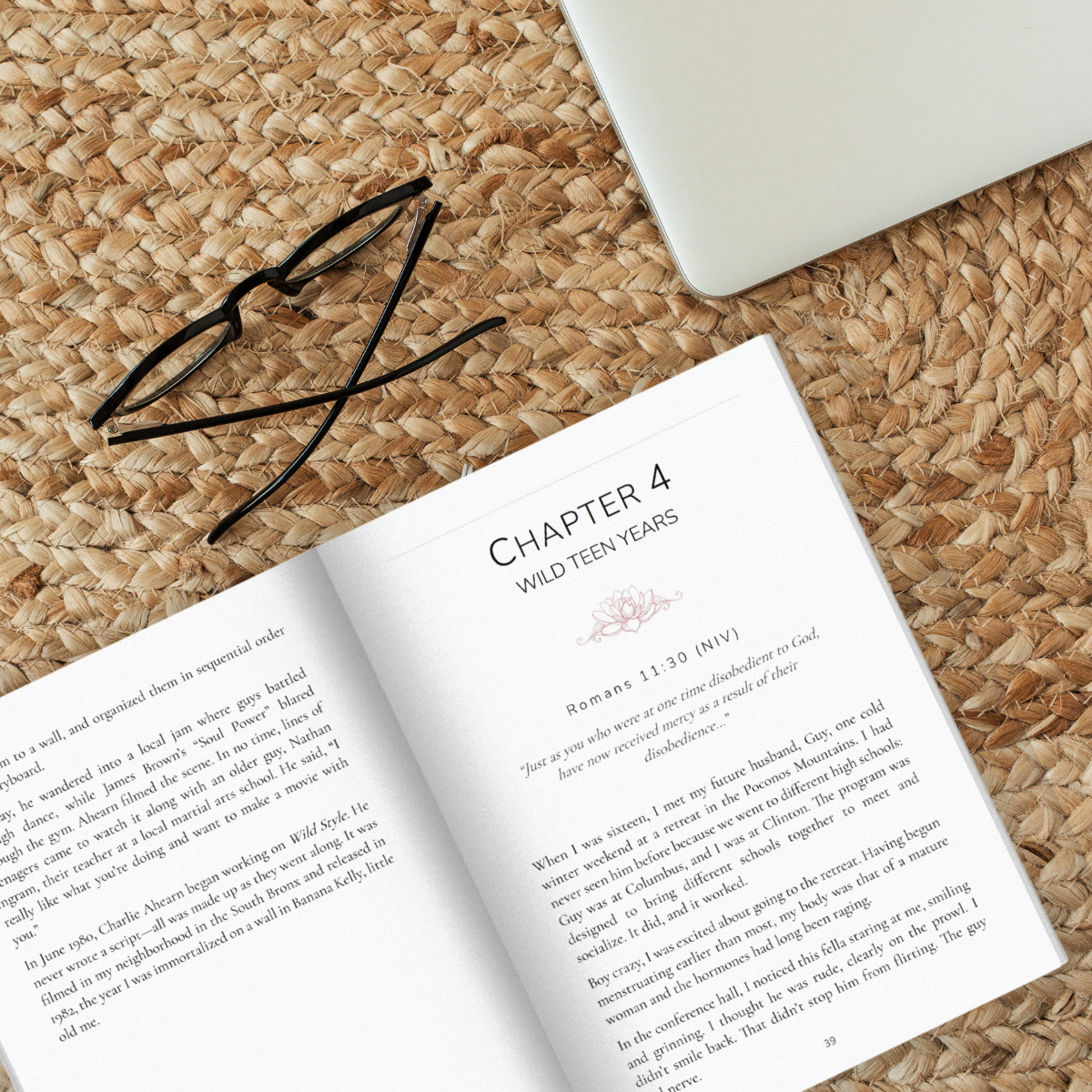 Open book displaying Chapter 4 titled 'Wild Teen Years' on a woven surface, beside a pair of glasses and a closed laptop.