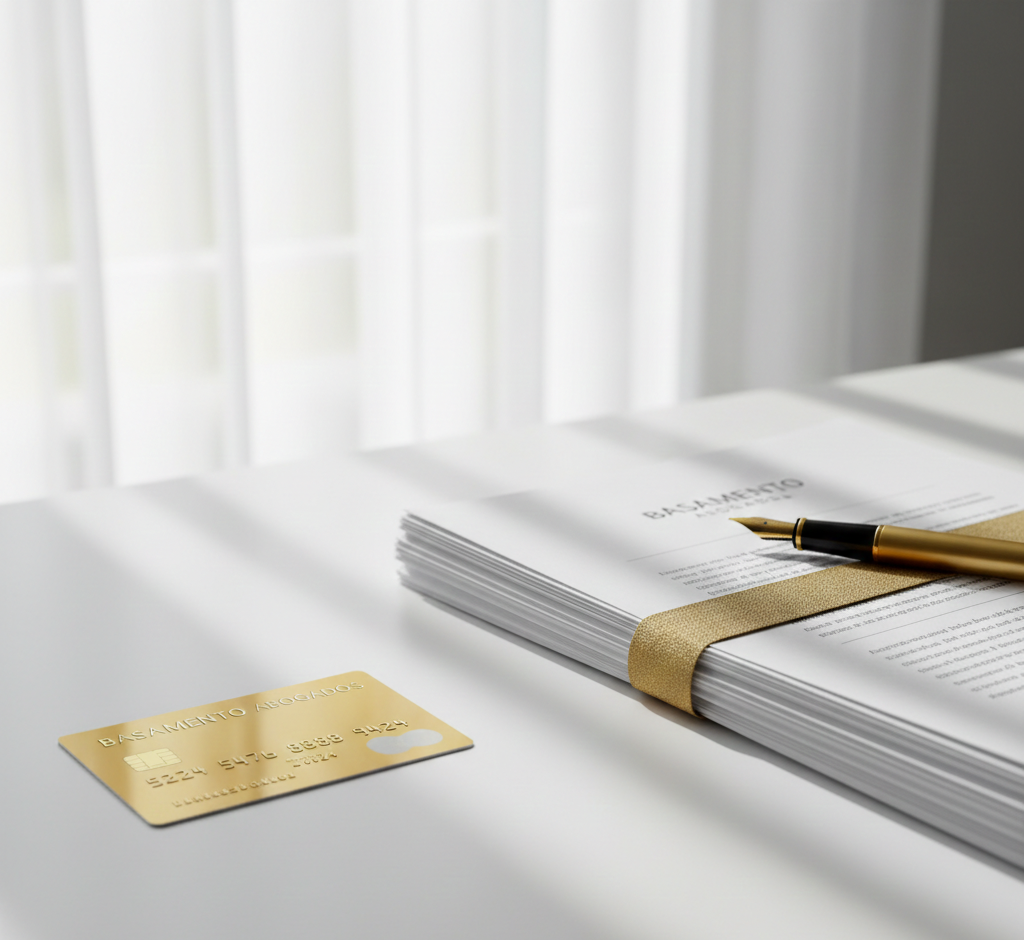 Documentos en una pila con una banda elástica y un bolígrafo, y una tarjeta de crédito sobre una mesa blanca. Fondo de cortinas blancas que dejan pasar luz.