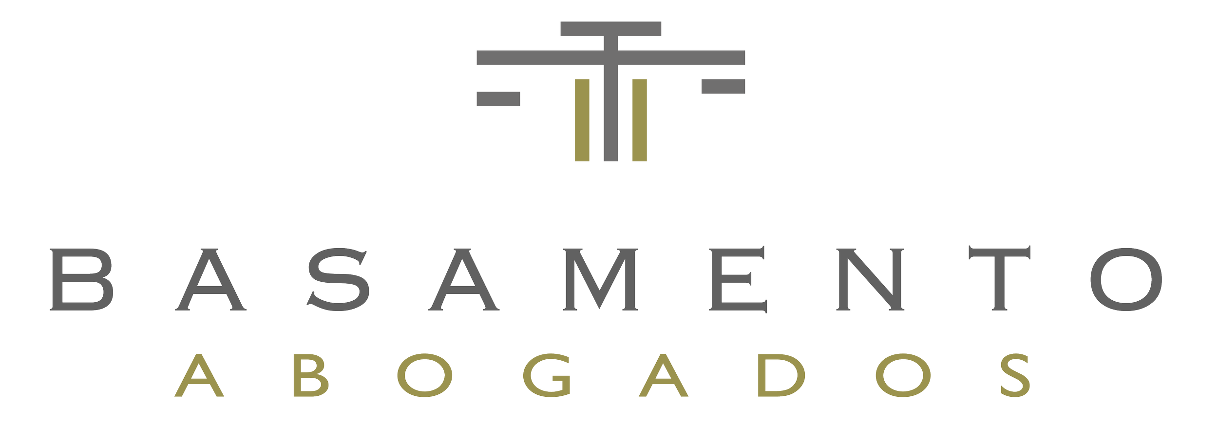 Logotipo de Basamento Abogados con un ícono que combina líneas y barras en tonos grises y dorados, y el nombre de la firma en letras gris oscuro y dorado.