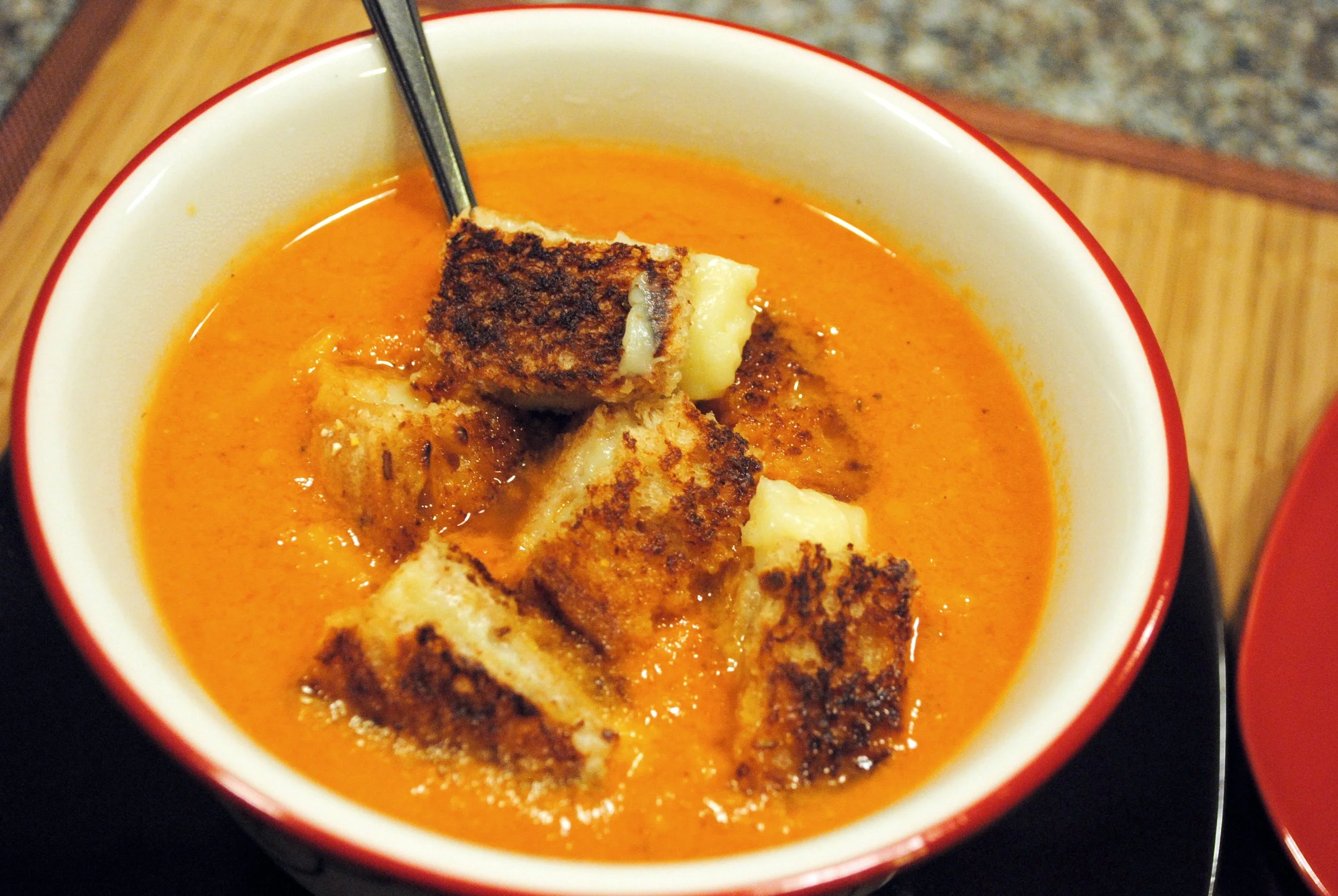 Tomato Soup with Pesto Grilled Cheese Croutons