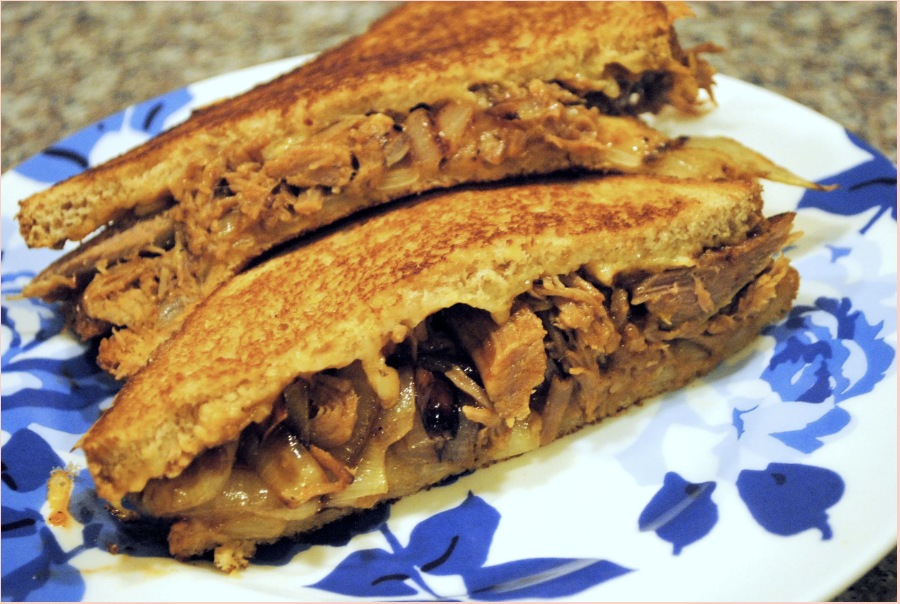 Pulled Pork Grilled Cheese with Caramelized Onions 