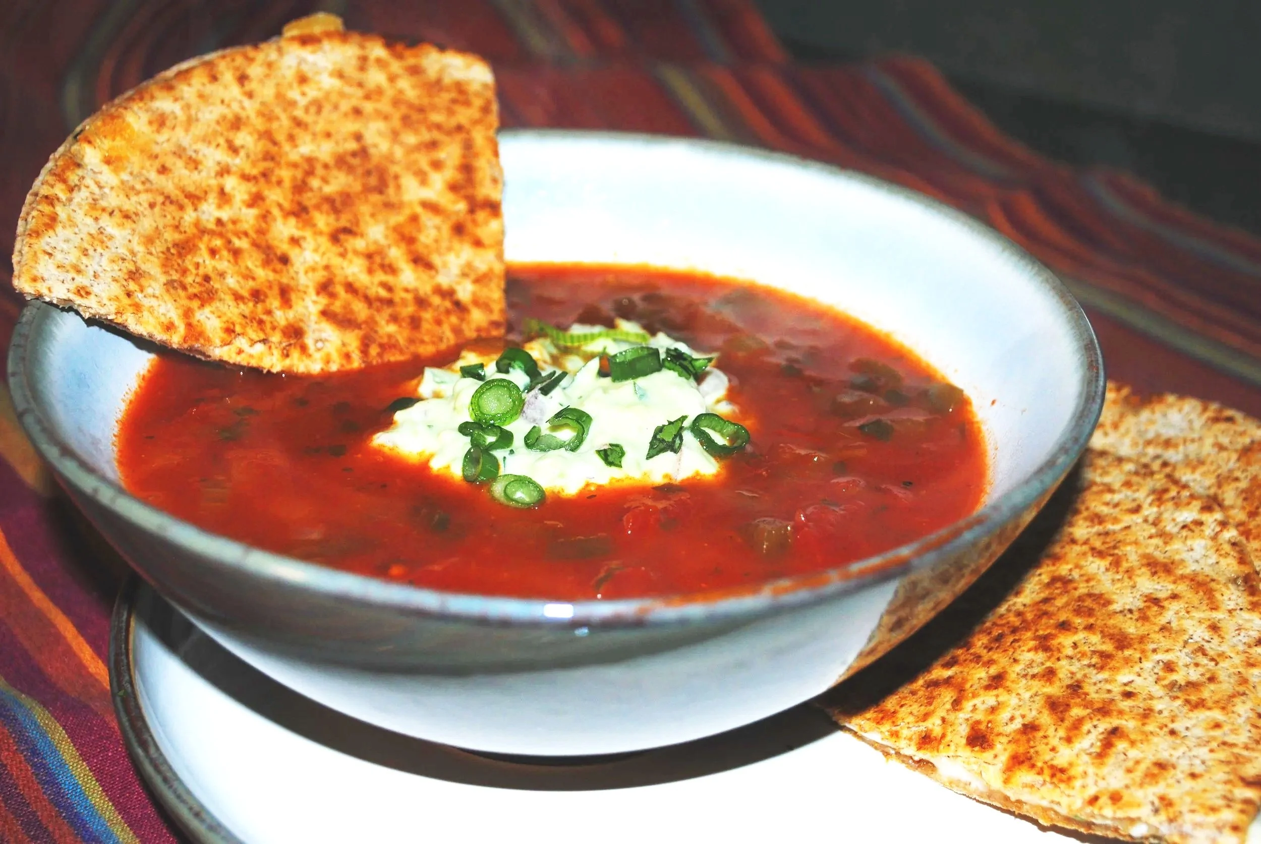 Salsa Stoup with Avocado Smash and Whole Wheat Quesadillas