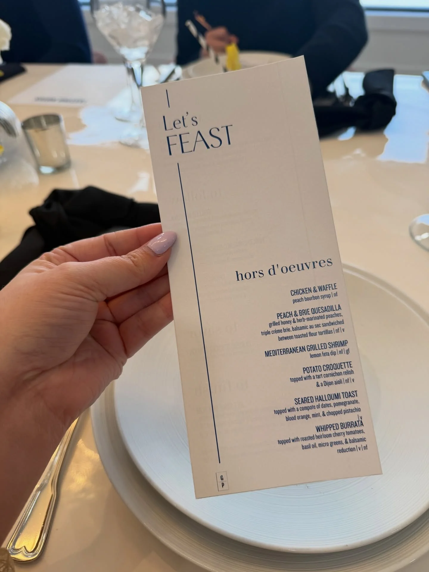 C &amp; K&rsquo;s tasting menu today 🤍

crispy chicken &amp; waffle bites with peach bourbon glaze, 
grilled shrimp with lemon feta, seared ahi tuna with nori rice risotto, poblano short ribs with buttery mashed potatoes, spring pea ravioli, late-ni