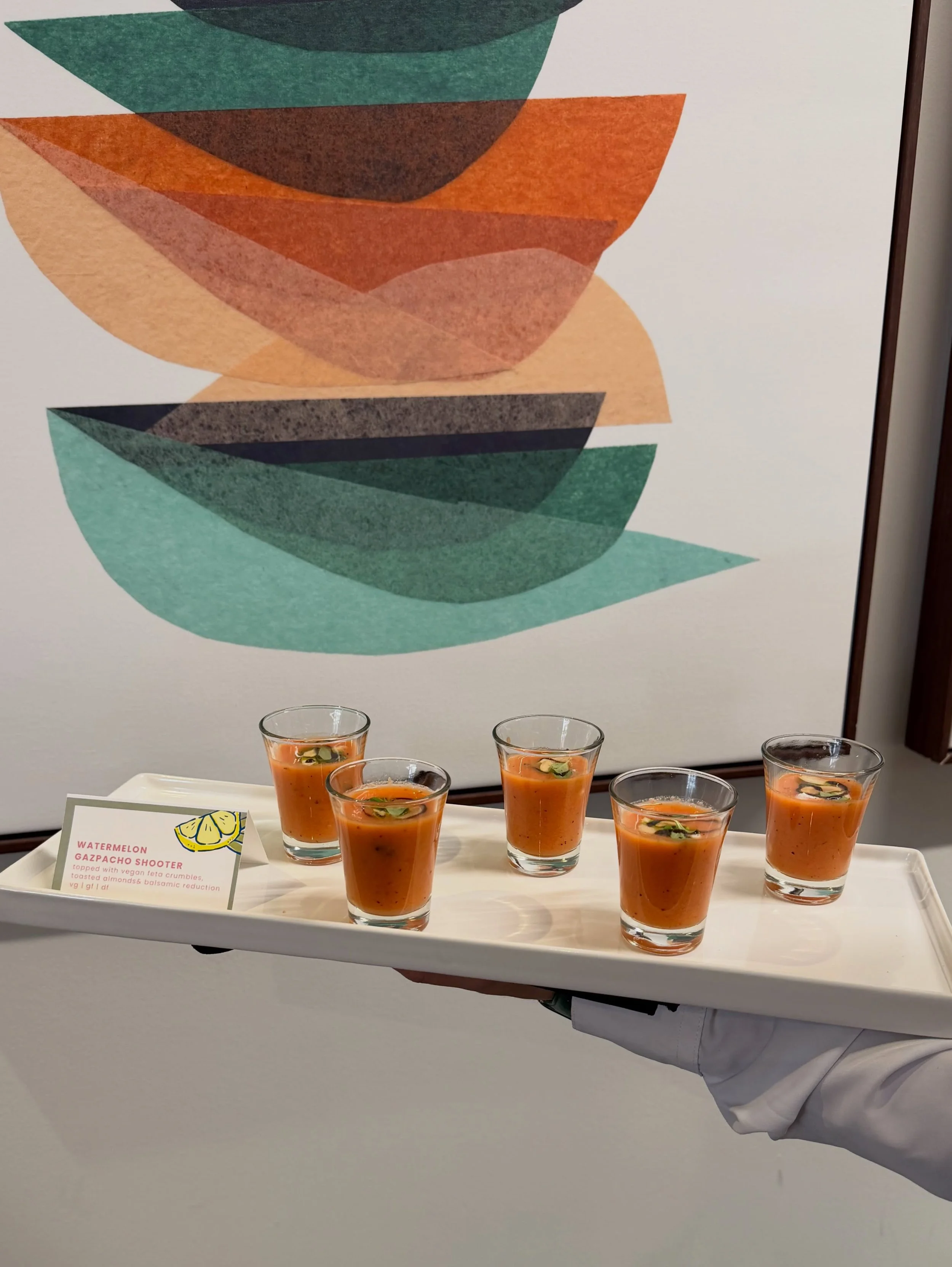 Summer inspired hors d&rsquo;oeuvres ☀️

🍉 Watermelon Gazpacho Shooters
🦀 Spicy Corn &amp; Crab Fritters
🦪 Fresh Oysters
🍑 Peach Panzanella Tartlets
🍊 Beet &amp; Orange Endive

All at @getplateddc