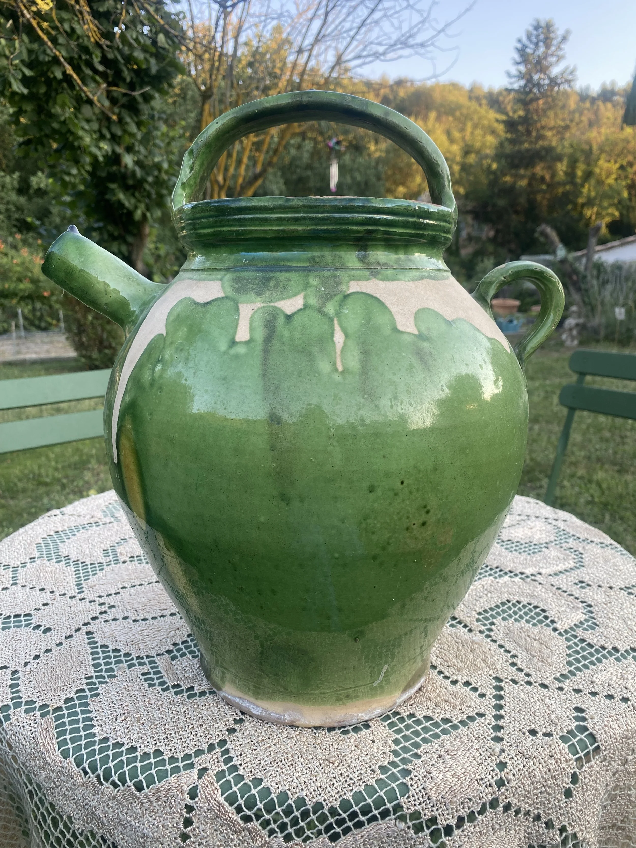 Vintage rare Provencal green flower pottery vase - Ref: 2035