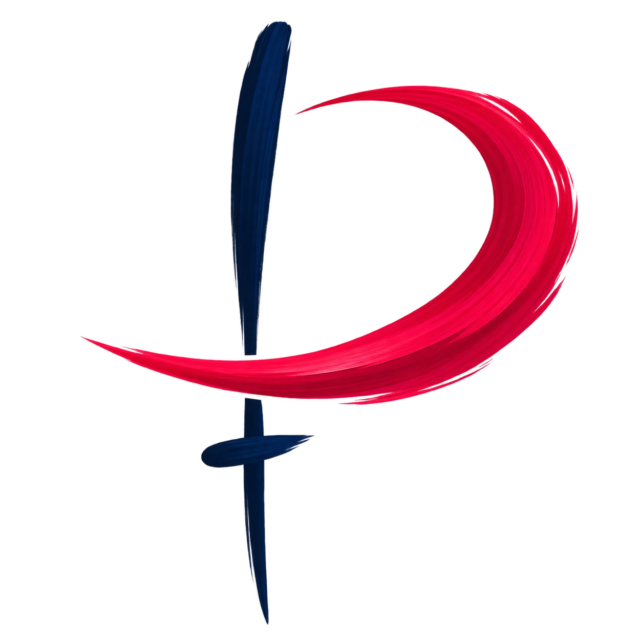 A 3D abstract logo with a blue vertical element, a curved red stroke, and a mirror reflection below on a black background.