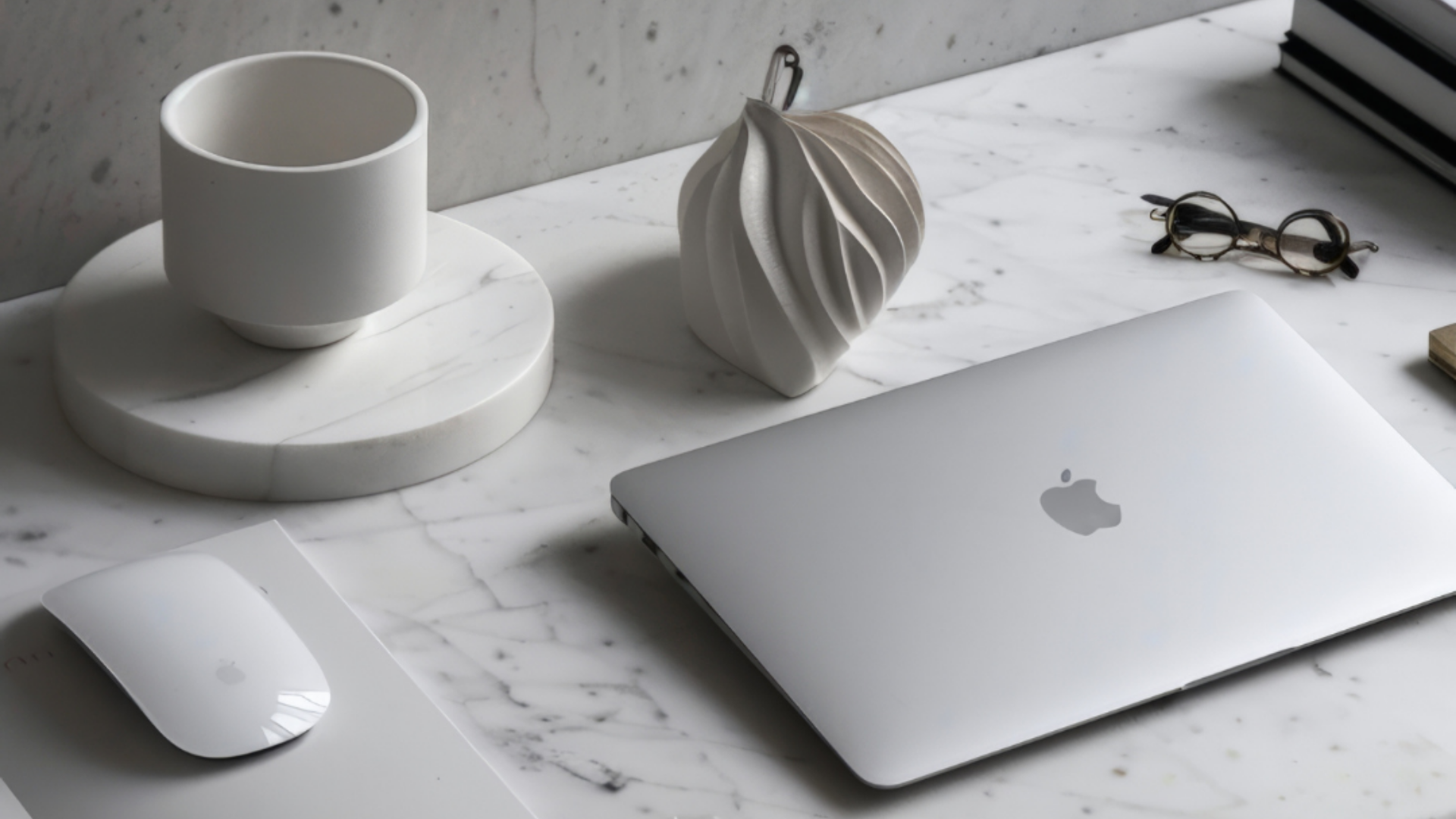A white Apple MacBook, wireless mouse, and eyeglasses on a marble desk with a white decorative object and a cup on marble coasters.