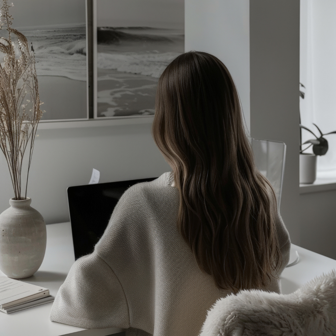 A woman with long wavy brown hair working on a laptop at a white desk in a home office, with black-and-white ocean photographs on the wall and a potted plant on the windowsill.