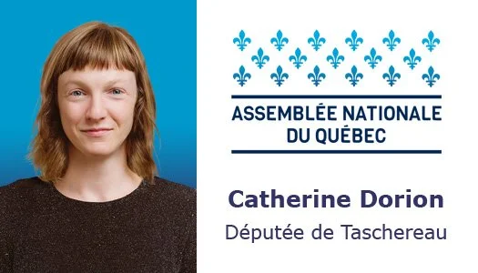 Photo d'une femme avec des cheveux roux et une expression souriante, à gauche d'une carte d'identité ou d'une carte de présentation avec le texte 'Assemblée nationale du Québec' et le nom 'Catherine Dorion, Députée de Taschereau'.