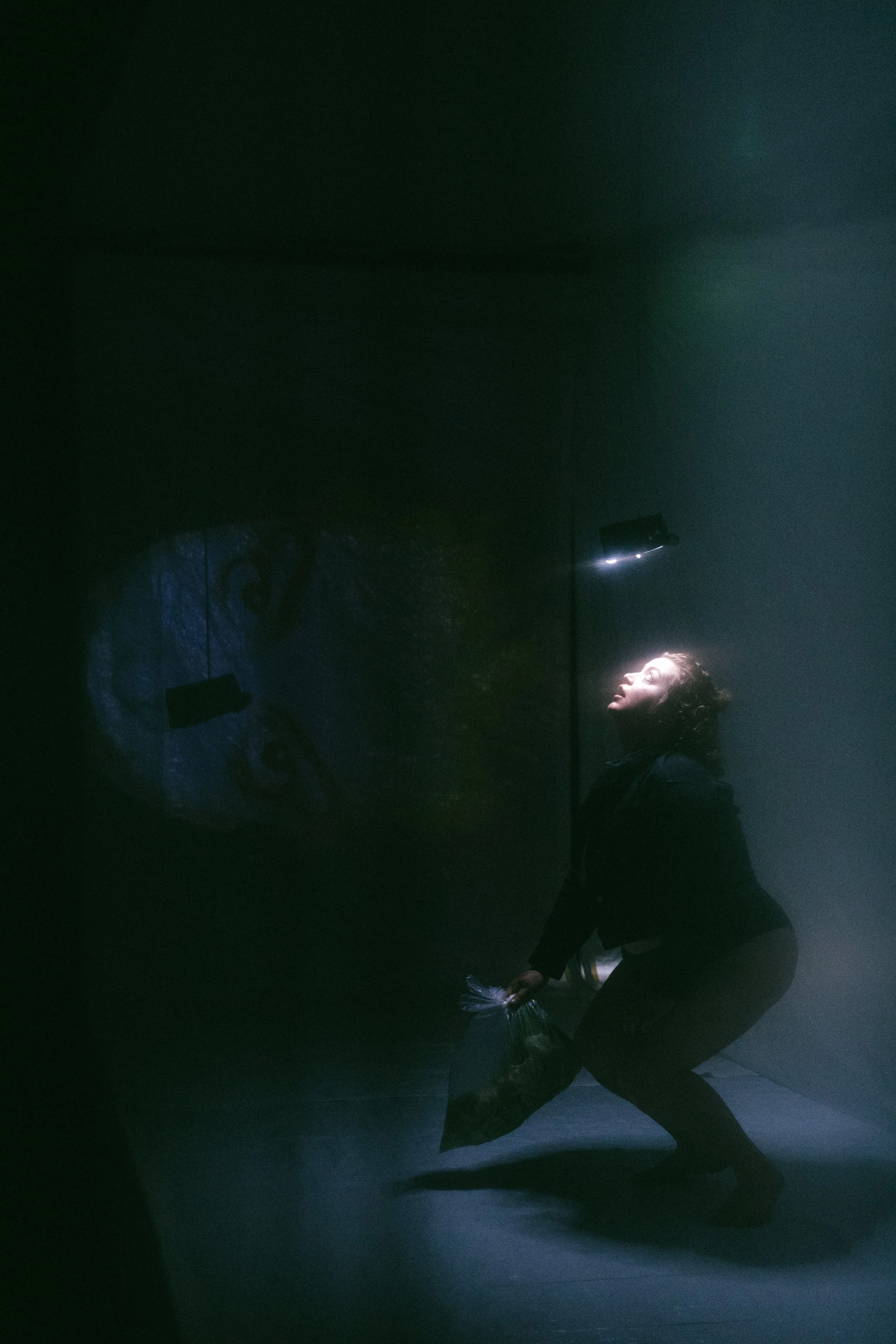 Une femme porte un sac en plastique, agenouillée dans une pièce sombre, regardant vers une source de lumière au plafond, avec un visage éclairé qui semble émerveillé ou concentré.