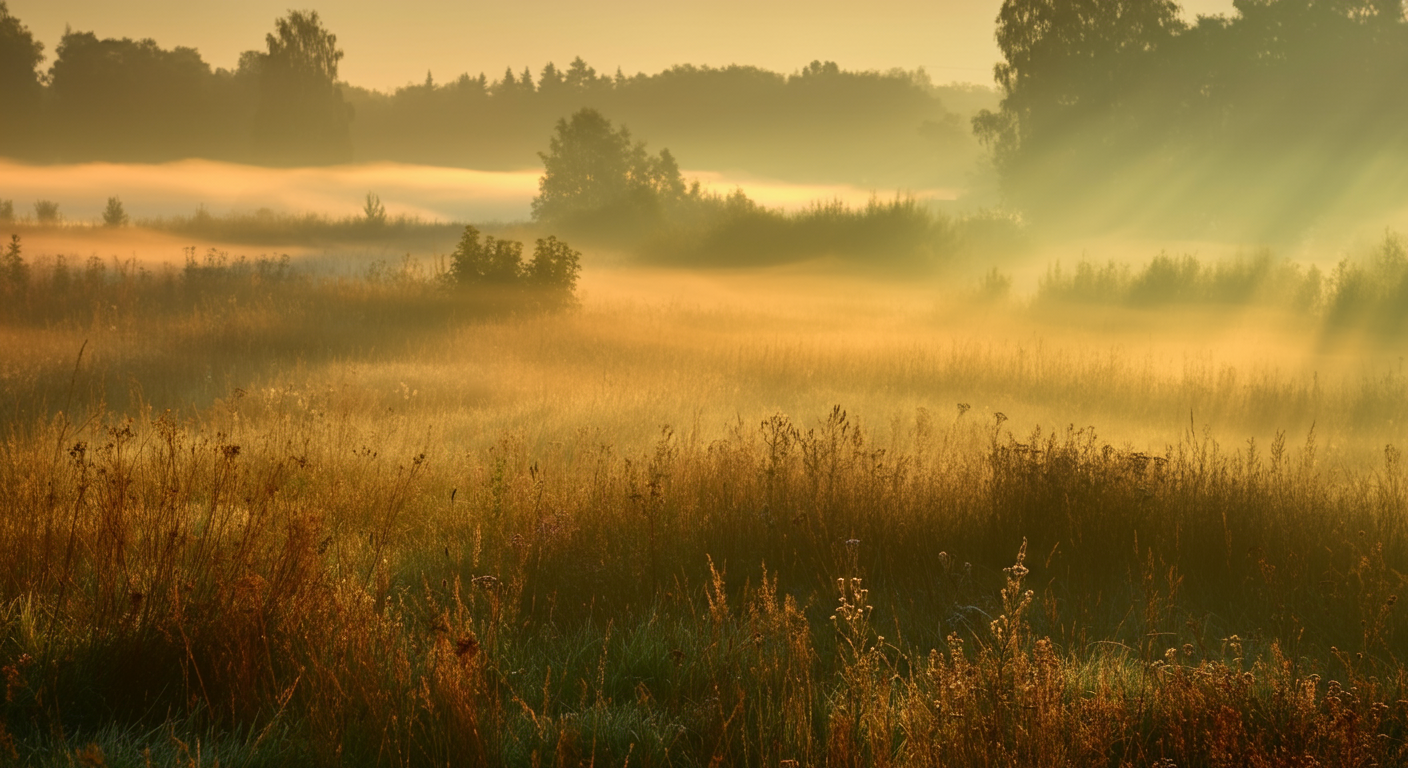 A foggy meadow at sunrise with a golden glow, tall grasses, and distant trees.