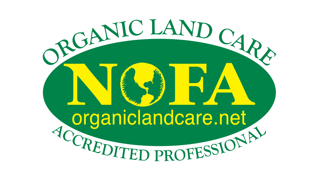 Logo of NOFA Organic Land Care, featuring a green oval with yellow and green text, a globe in the center, and the website organiclandcare.net.