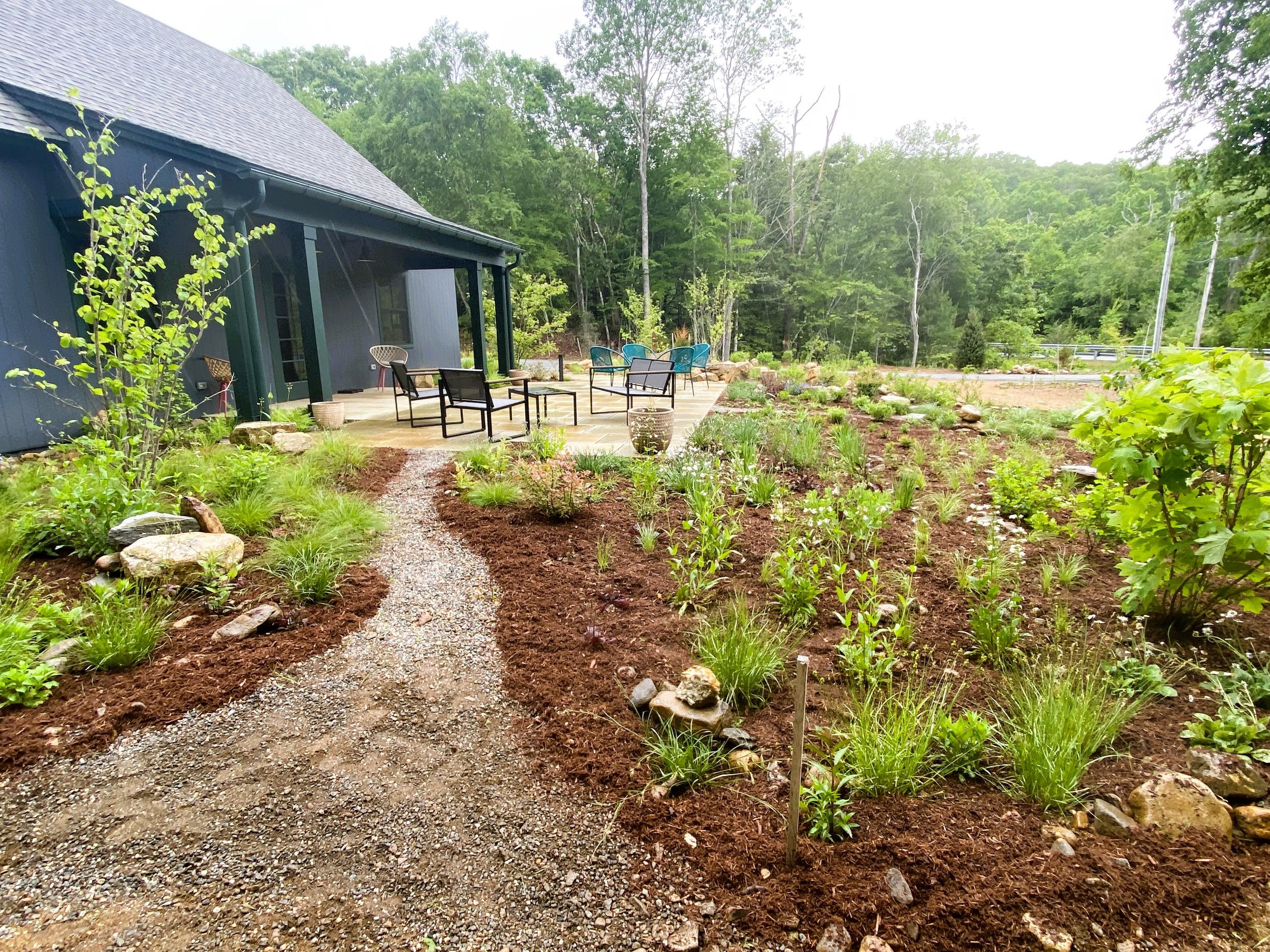 A backyard garden with a gravel path leading to a patio with outdoor chairs and tables, surrounded by young plants and trees, with a forested area in the background.