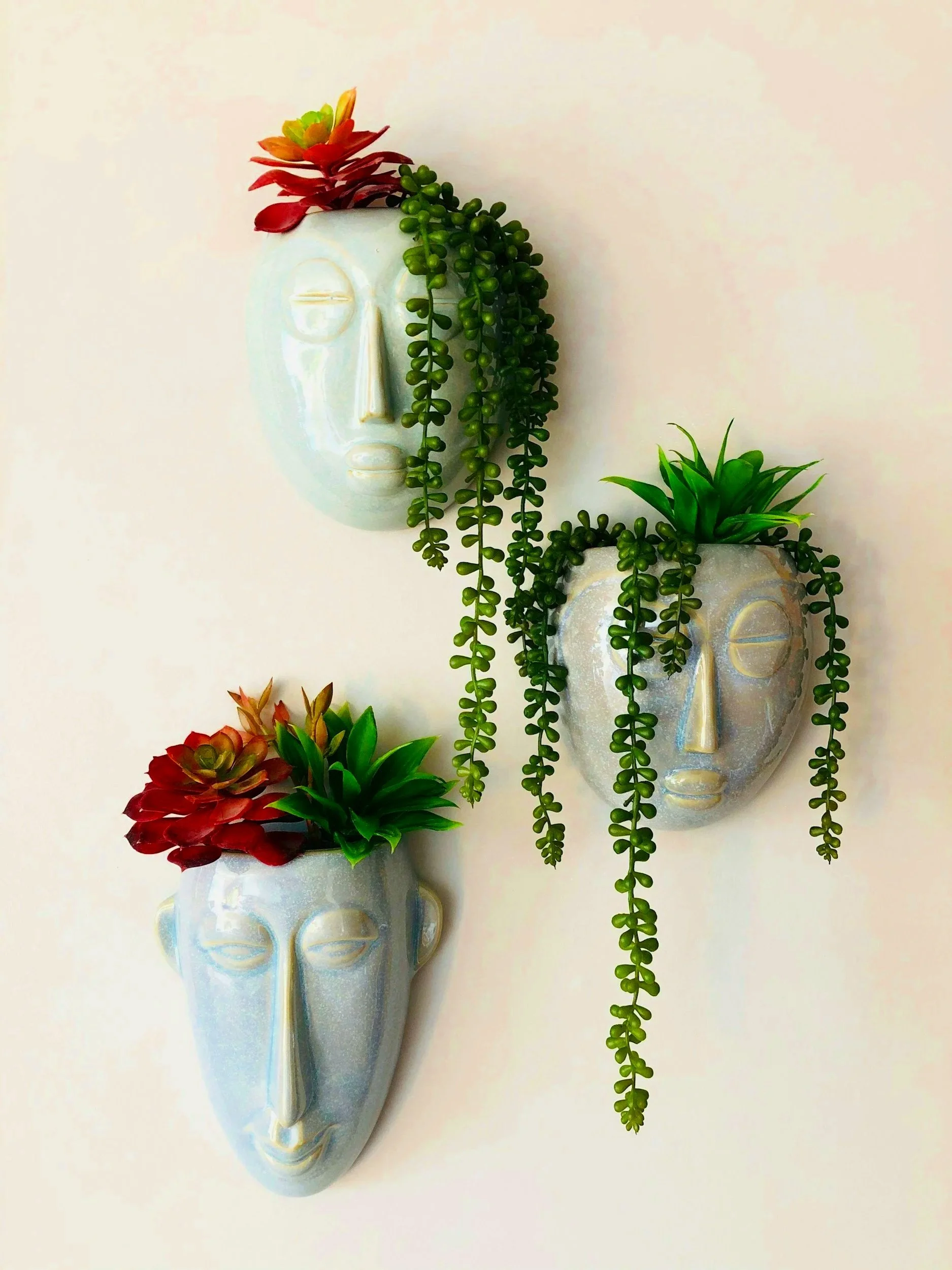 Three decorative wall planters shaped like faces with plant arrangements on top, featuring succulents and hanging greenery, mounted on a white wall.