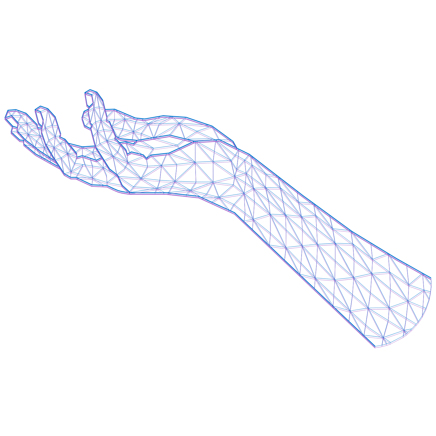 Digital wireframe model of a human helping hand extended outward.