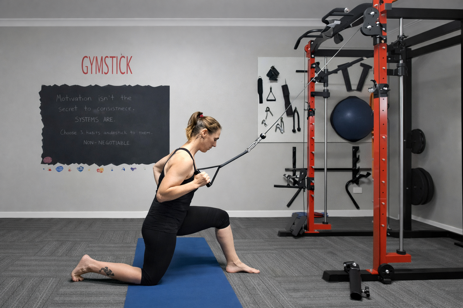 A woman exercises on a yoga mat in a gym, kneeling on one knee while pulling a cable machine with both hands. The gym has various equipment and tools on the walls, with a motivational sign that reads 'Motivation isn't the secret to consistence. SYSTEMS ARE'.