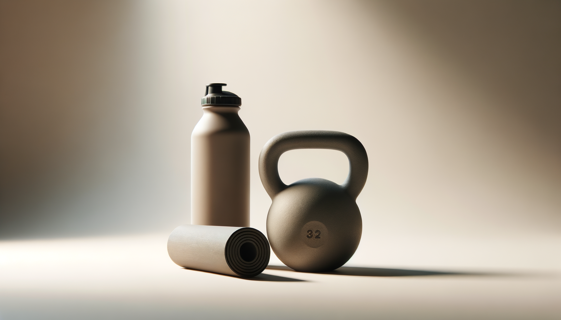 A beige water bottle, a gray kettlebell with the number 32, a rolled yoga mat, and a grey shaker bottle against a neutral background.