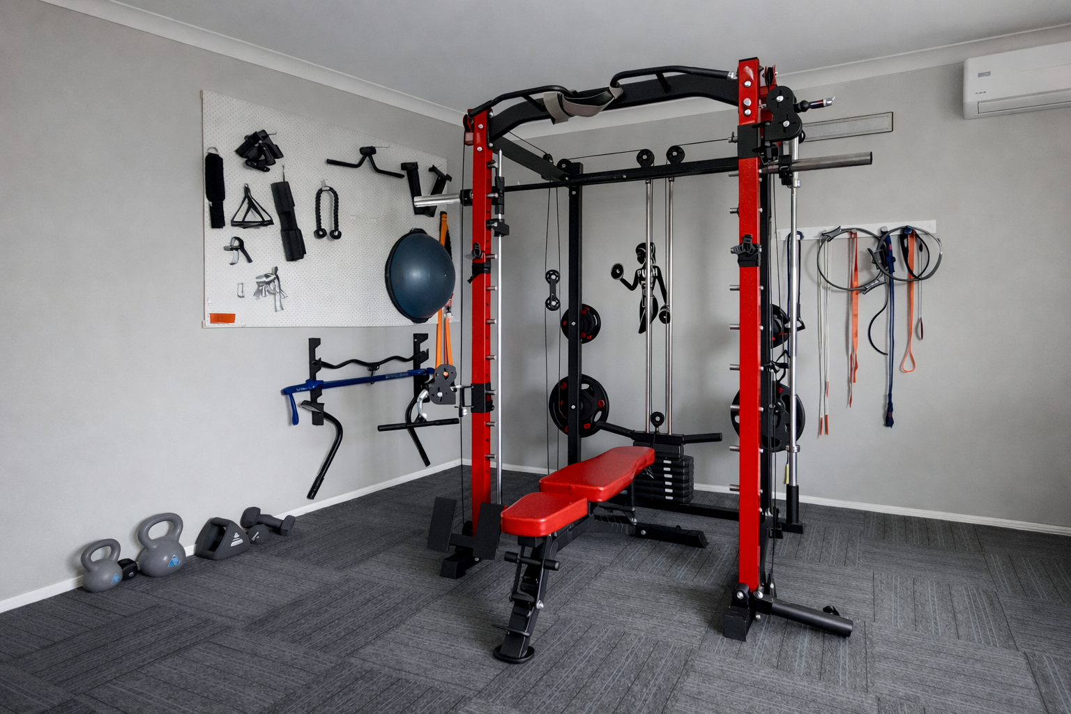 Home gym with weightlifting equipment, resistance bands, kettle bells, and workout accessories on a pegboard wall.