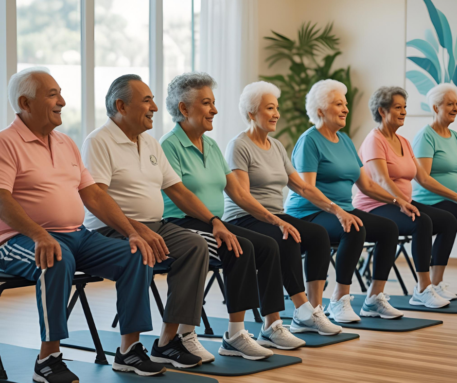 Elderly group sitting in a chair during a seated exercise class in a bright room.