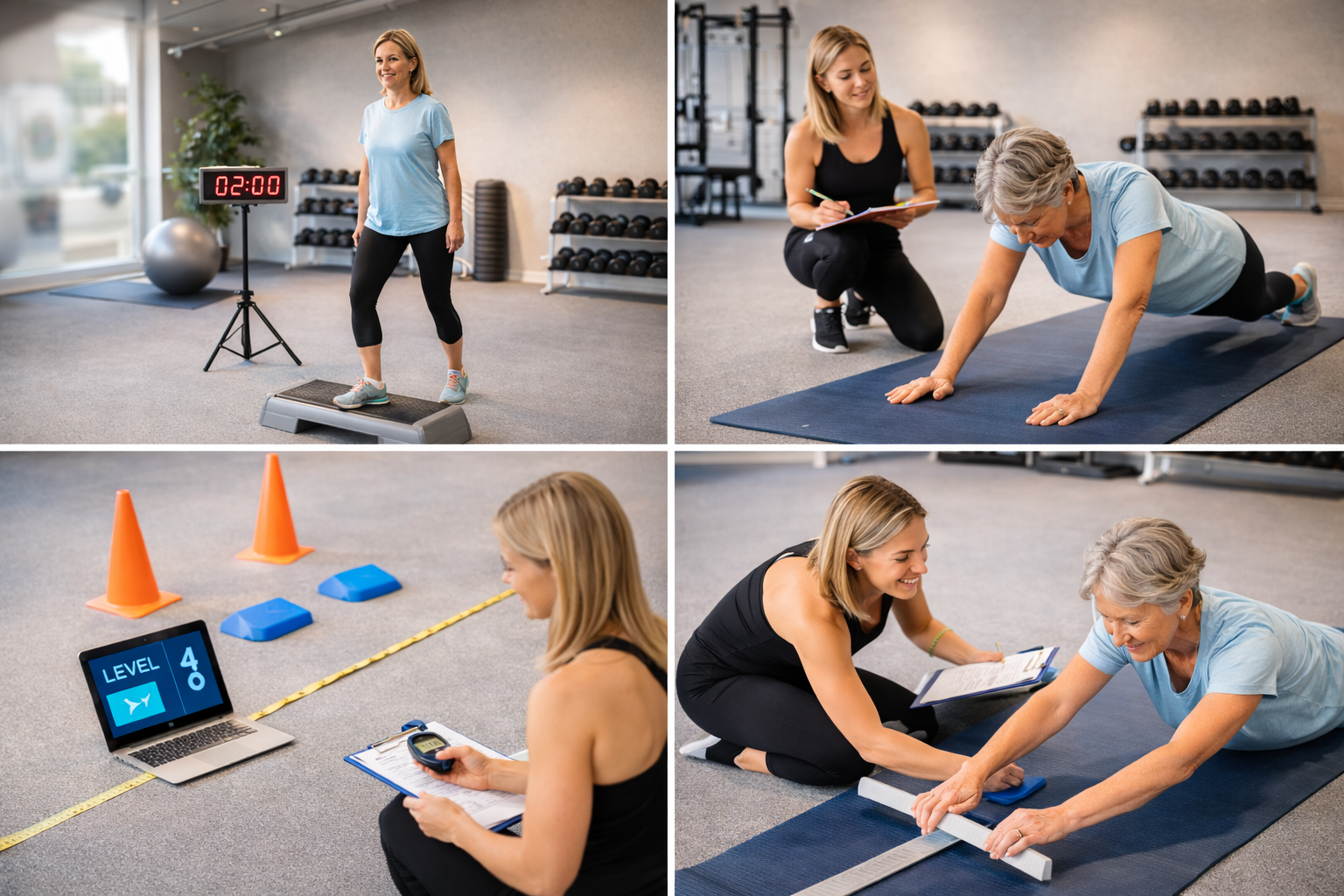 A woman in workout clothes standing on a step platform in a gym, with a digital timer showing 2 minutes, preparing to exercise. Another woman is performing a push-up on a mat with a trainer taking notes. Different fitness assessments are being conducted, including cone drills and measuring speed with a stopwatch.