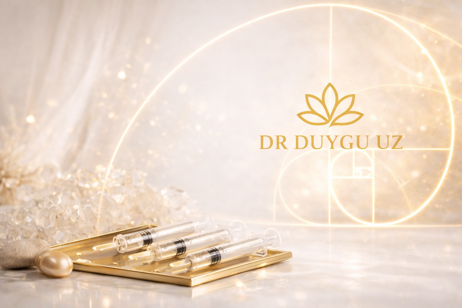 Altın rengi tepside dört enjektör, yanında iki taş ve bir altın küre bulunuyor. Arka planda kristal parıltılar ve geometrik altın renkli çizgilerle tasarlanmış bir logo ve yazı yer alıyor; logoda yaprak sembolü, yazı ise "DR DUYGU UZ".