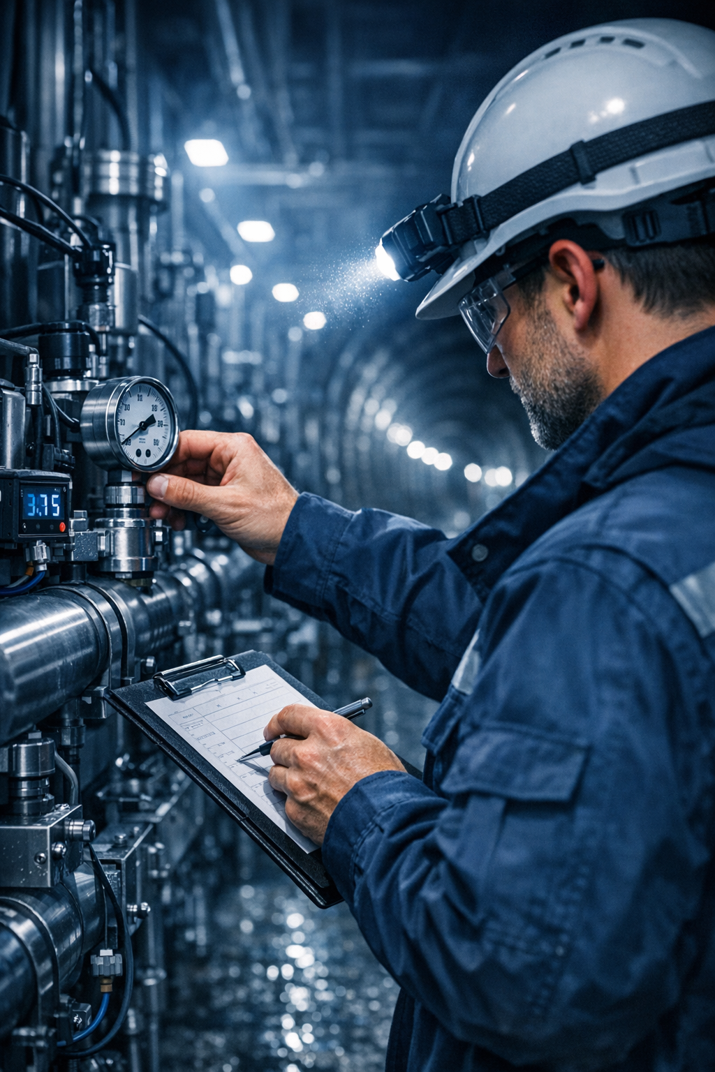 A worker in a safety helmet and glasses inspects machinery in an industrial tunnel, making notes on a clipboard.