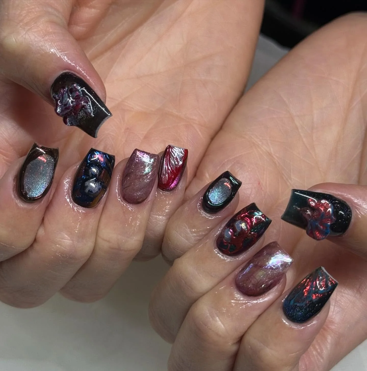Dark siren inspired nails were so fun and creative. In love with how this color scheme came together; so fun and funky yet cohesive at the same time. Thank you Paulina for the trust! 
. 
📍Rancho Cucamonga, CA
.
#ranchocucamonganails #ranchocucamonga
