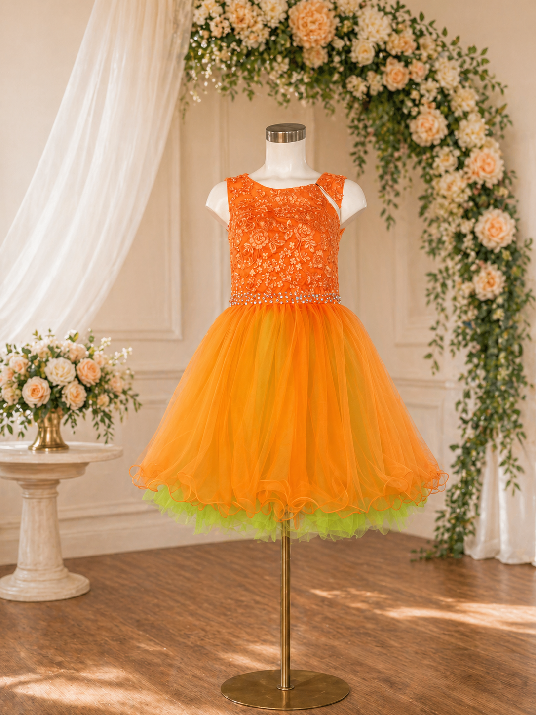 altered orange neon dress with added neon green tulle at the bottom