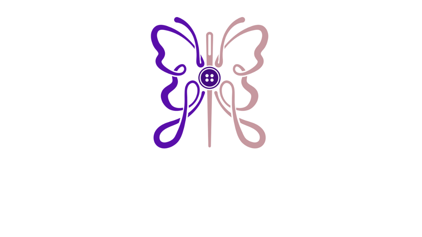 A butterfly with wings outlined in purple and pink, with a button and sewing needle in the center, against a white background.