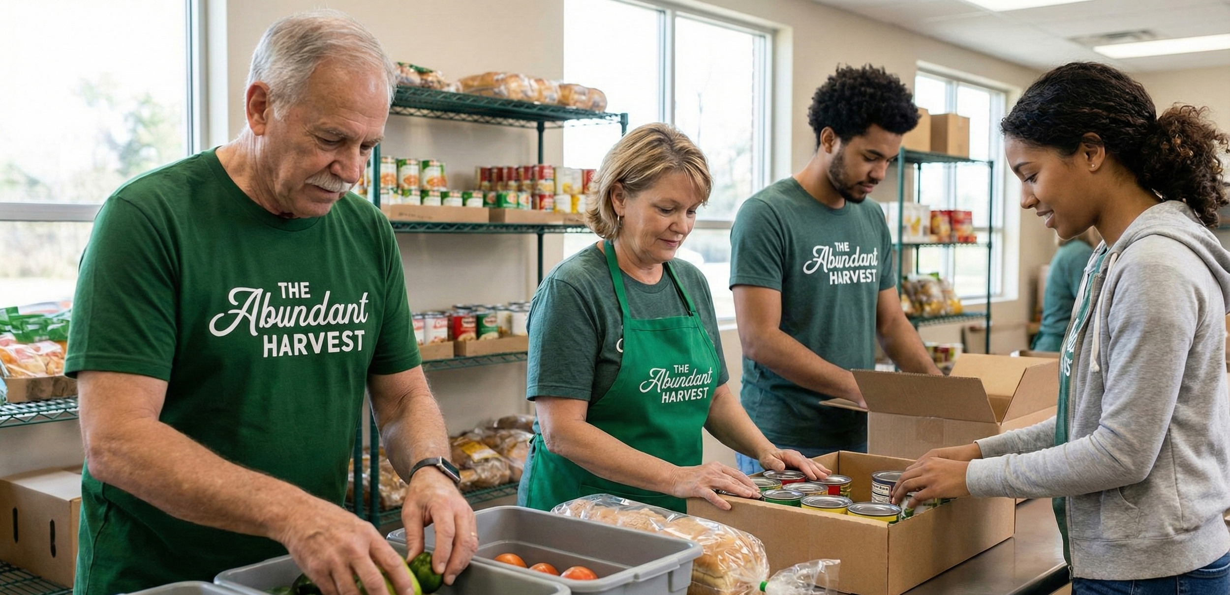 People volunteering at a food bank, packing canned goods and produce for distribution. They are indoors with shelves of food in the background.