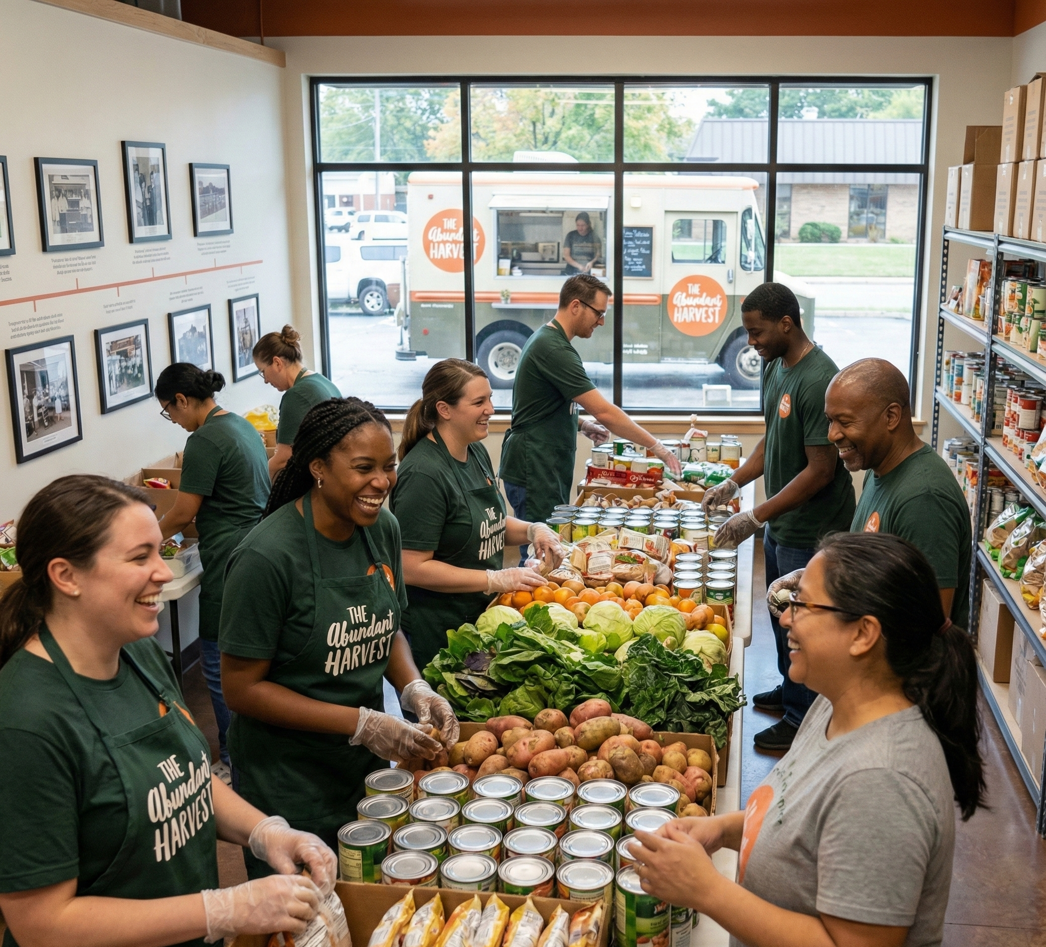 Group of volunteers packing food boxes in a community kitchen, with a food truck outside the window, and shelves stocked with supplies inside.