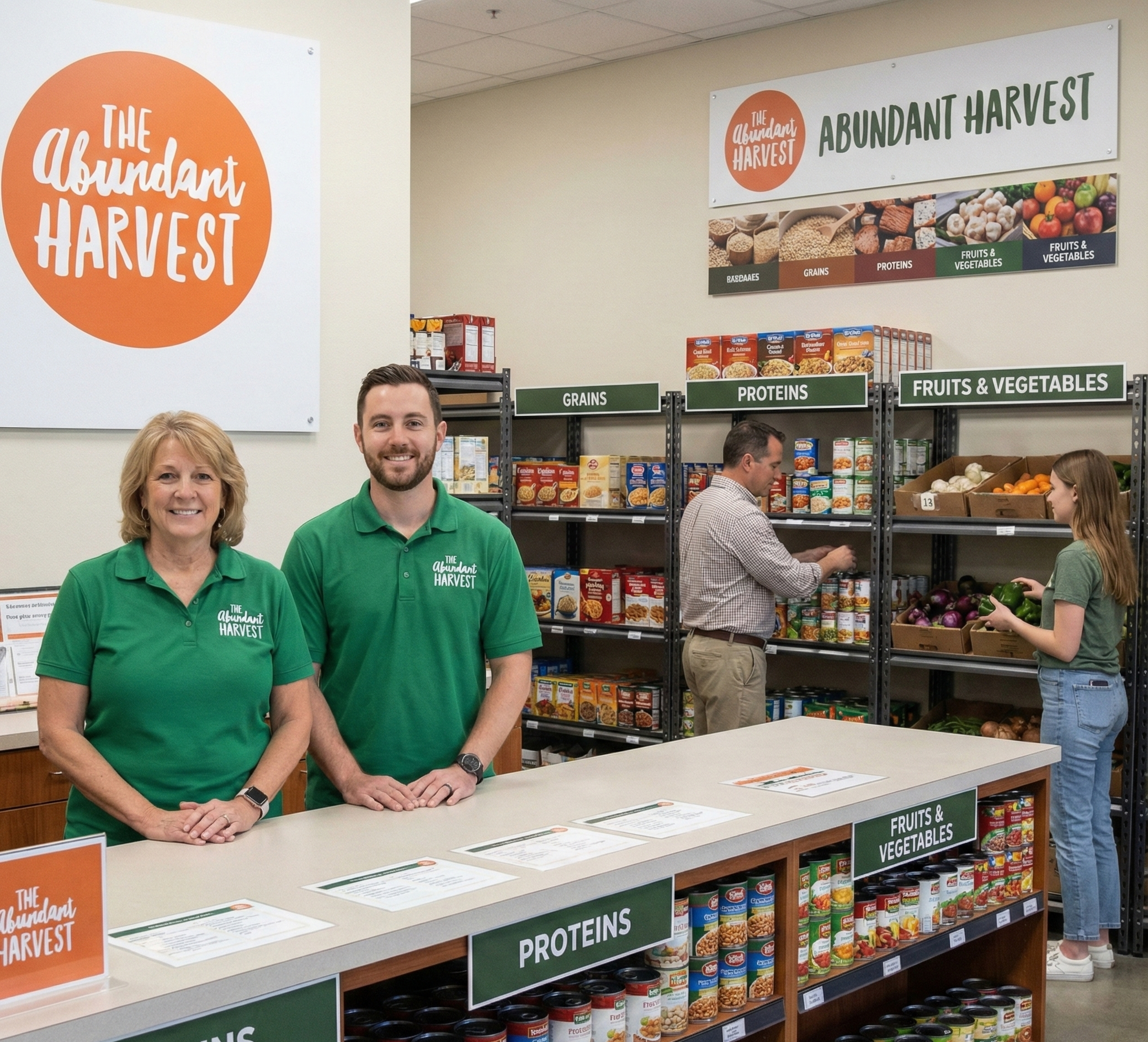 Inside a grocery store called The Abundant Harvest, with two staff members wearing green shirts standing behind a counter, and two customers shopping for fruits and vegetables, with shelves labeled for grains, proteins, and fruits & vegetables.