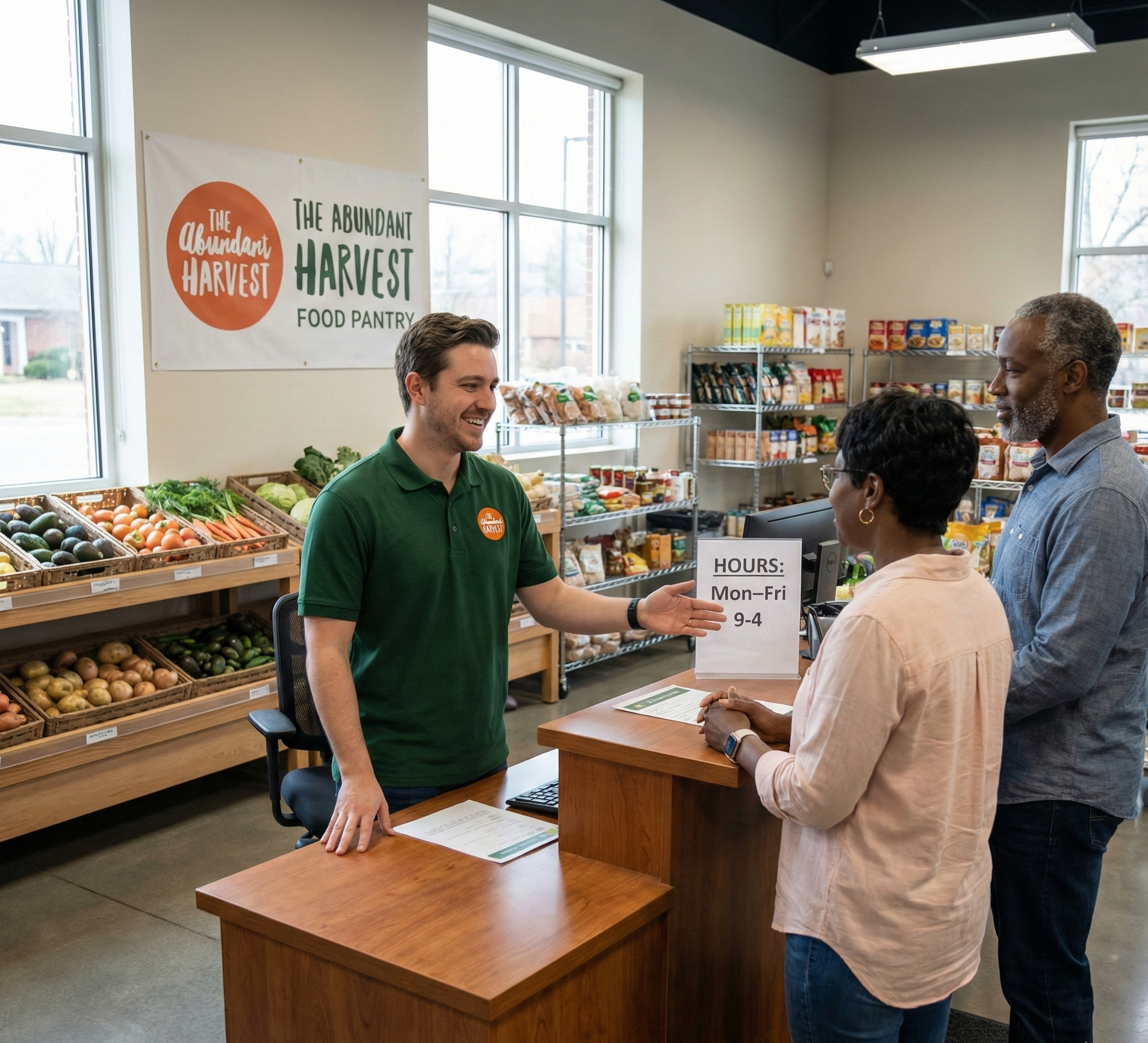 A man in a green shirt is smiling and talking to a couple at a food pantry counter inside a store. Behind him are shelves with fresh vegetables and food items. A sign on the counter displays the hours: Monday to Friday, 9 to 4. The store has large windows allowing natural light to enter.