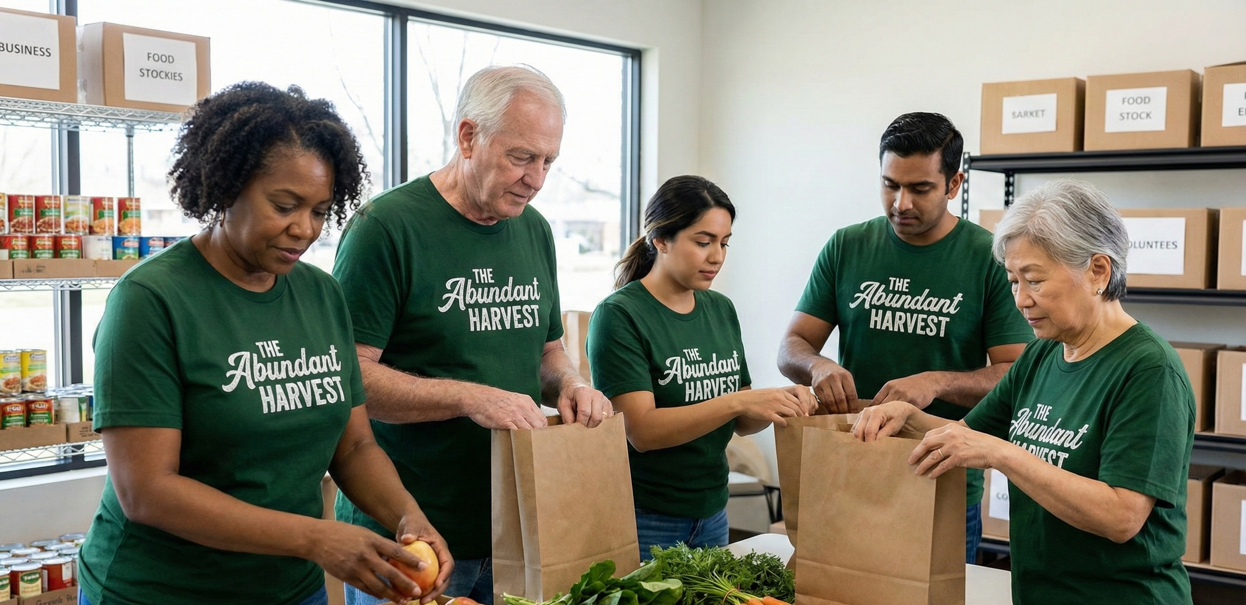 People packing food in a warehouse with shelves of canned goods and labeled boxes, wearing matching green t-shirts saying 'The Abundant Harvest'.