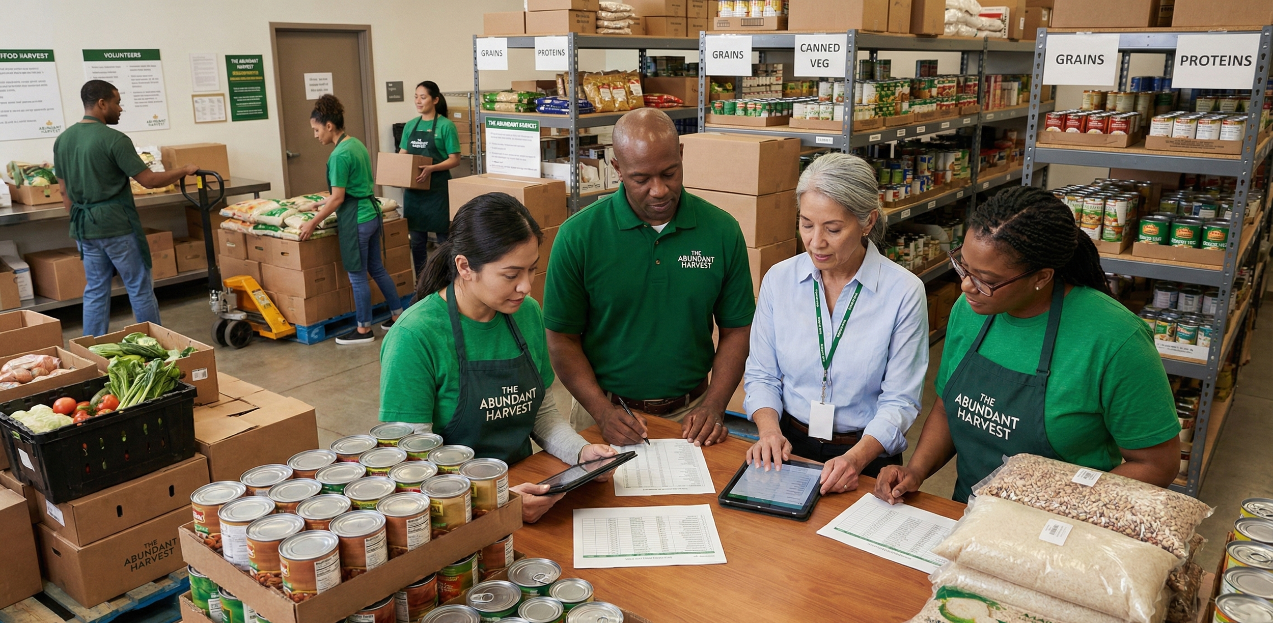 Group of volunteers working at a food pantry organized by The Abundant Harvest. Four people at a table with canned goods, food items, and paperwork. Shelves in the background stocked with grains, Proteins, canned vegetables, and other canned goods in a community service setting.