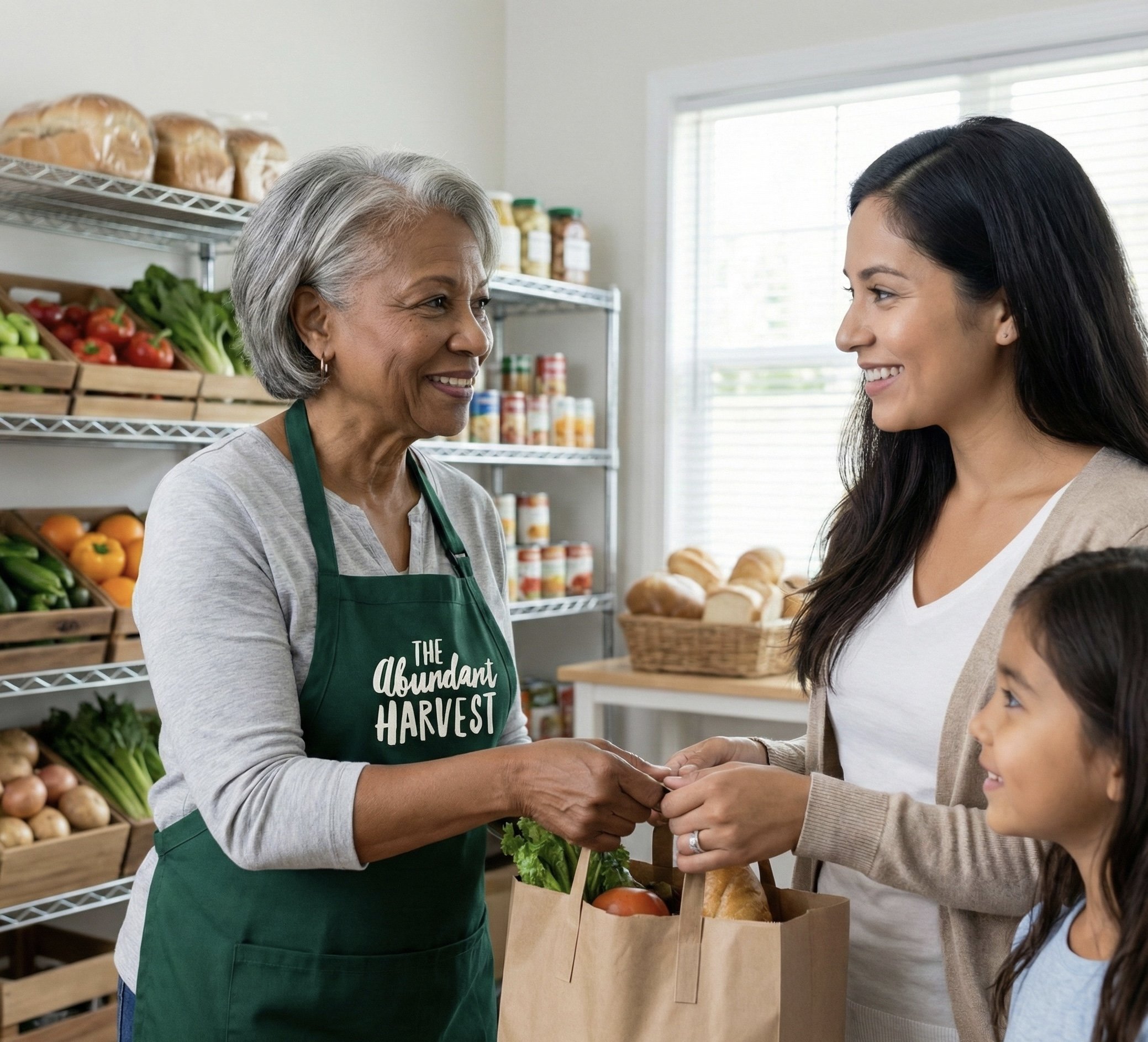 A woman with gray hair wearing a green apron that says 'The Abundant Harvest' gives a paper bag filled with groceries to a smiling woman with long dark hair and a young girl in a grocery store with shelves of produce and canned goods in the background.
