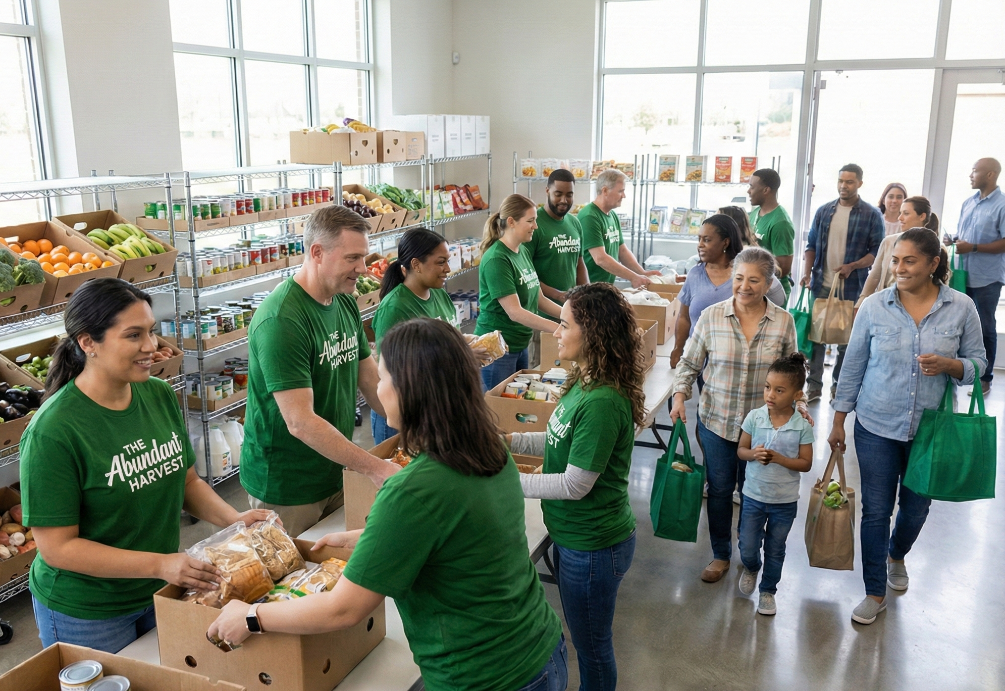People shopping at a grocery store with volunteers in green shirts handing out food and supplies.