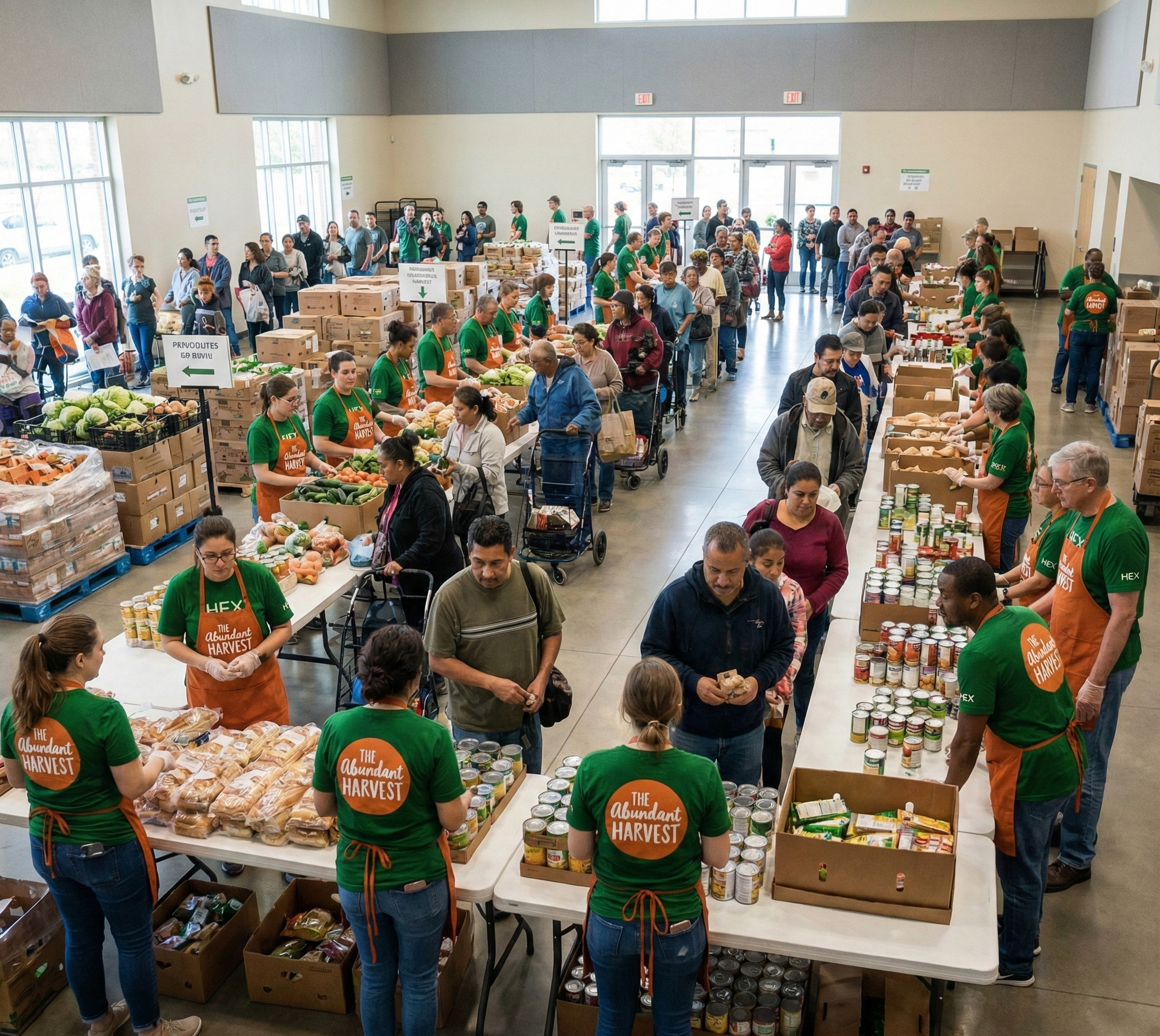 People shopping for food at a large indoor food distribution event with tables of canned goods, produce, and packaged bread, with volunteers wearing green shirts that say 'The Abundant Harvest'.