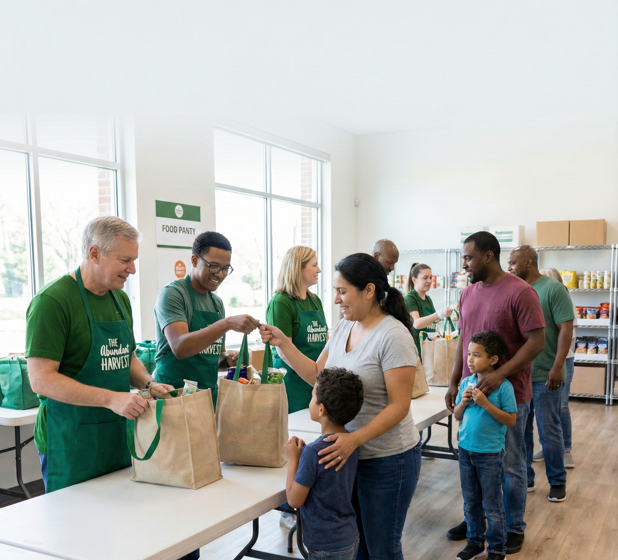 People receiving food donations at a food pantry, with volunteers handing out groceries to families.
