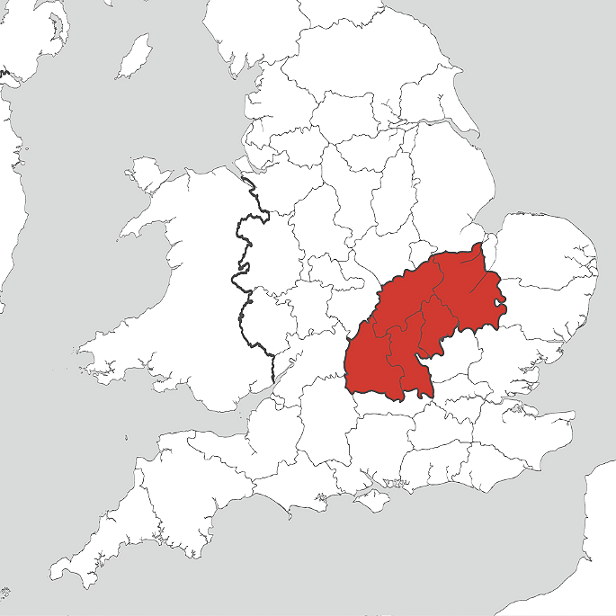 Map of England highlighting the counties of Nottinghamshire, Oxfordhshire, Warickshire, Cambridgeshire, Buckinghamshire and Hertfordshire in red.