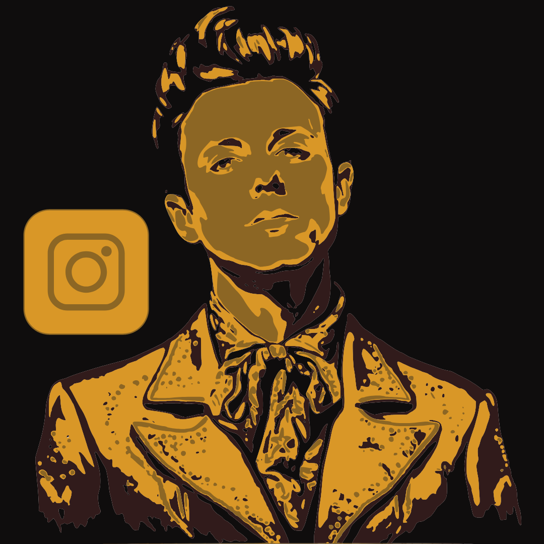Stylized illustration of a person with a confident expression, wearing a jacket and a bow tie, with an Instagram logo in the background.