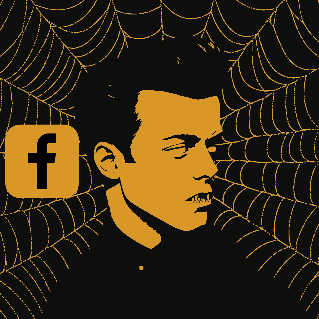 A graphic illustration of a young man with short dark hair, facing right, with spider web designs and the Facebook logo in the background.
