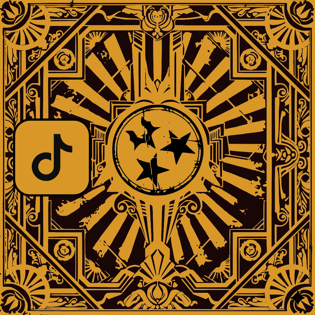 Decorative card with fantasy swords, stars, and bats in a circular pattern, gold and dark brown colors, featuring TikTok logo.